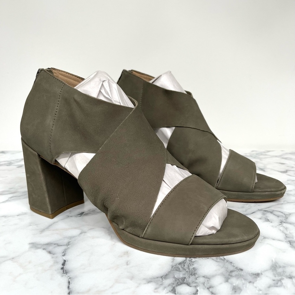 Eileen Fisher Marla Women's Sandals Block Heel Olive Green Suede Leather Size 11
